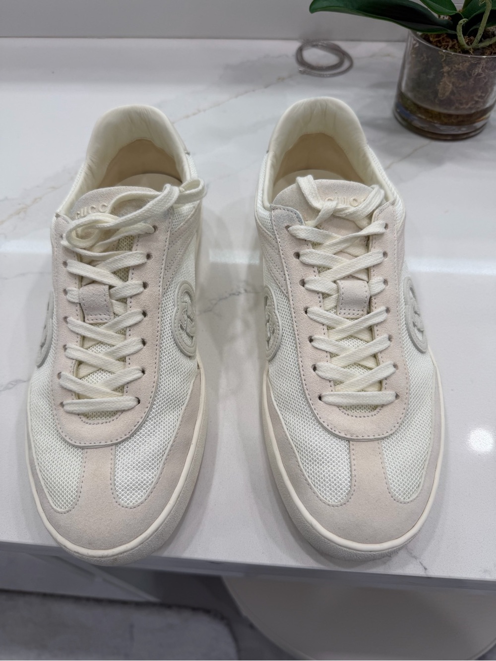 Gucci Men’s Cream & White Suede Mesh Low-Top Sneakers
